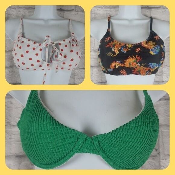 Lot Of 3 Women’s Small Bikini Top Variety Strawberry Dragons Green Underwire - Picture 1 of 9